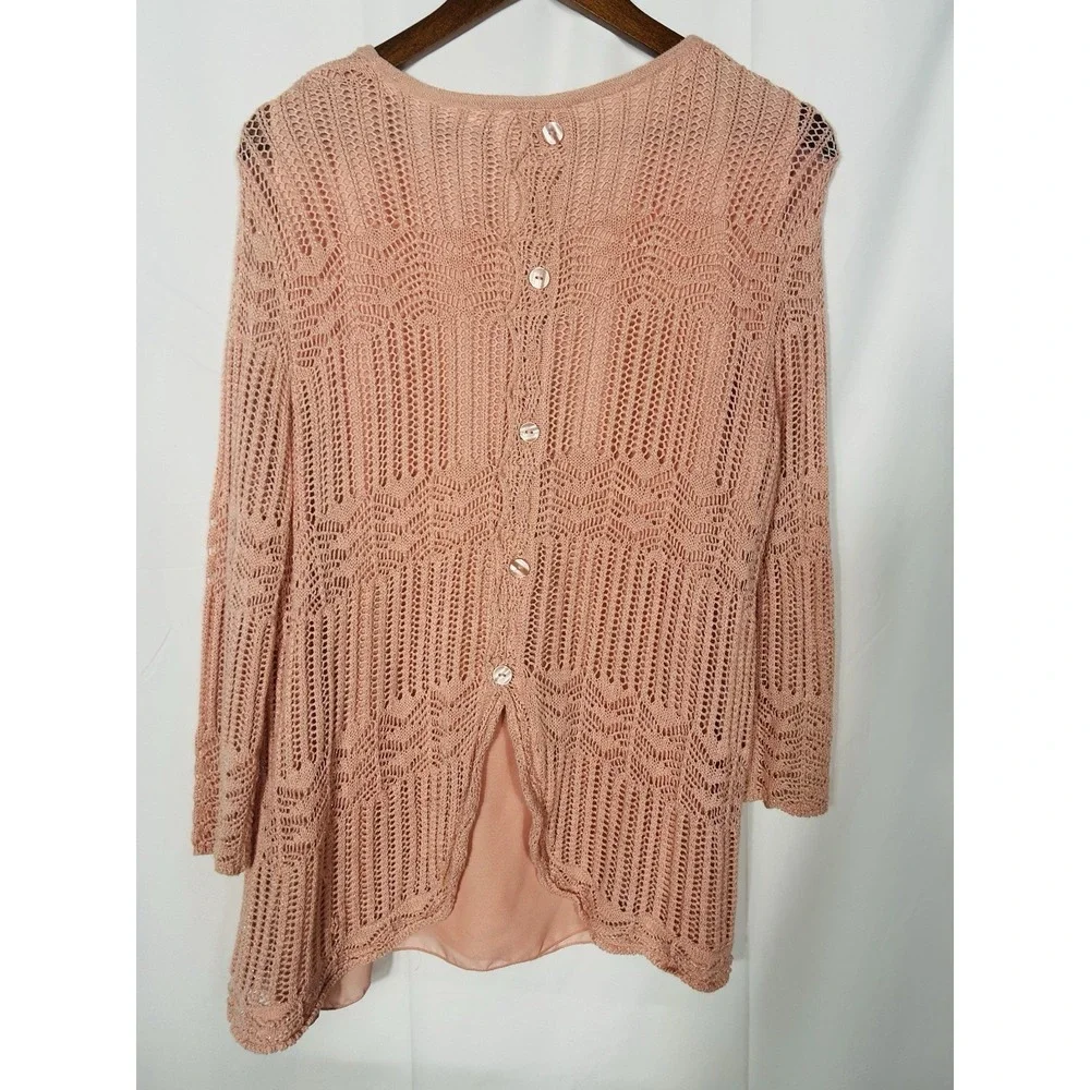Vintage Womens Open Knit Boho Crochet Sweater Pink Fairy Coquette Asymmetric Y2K